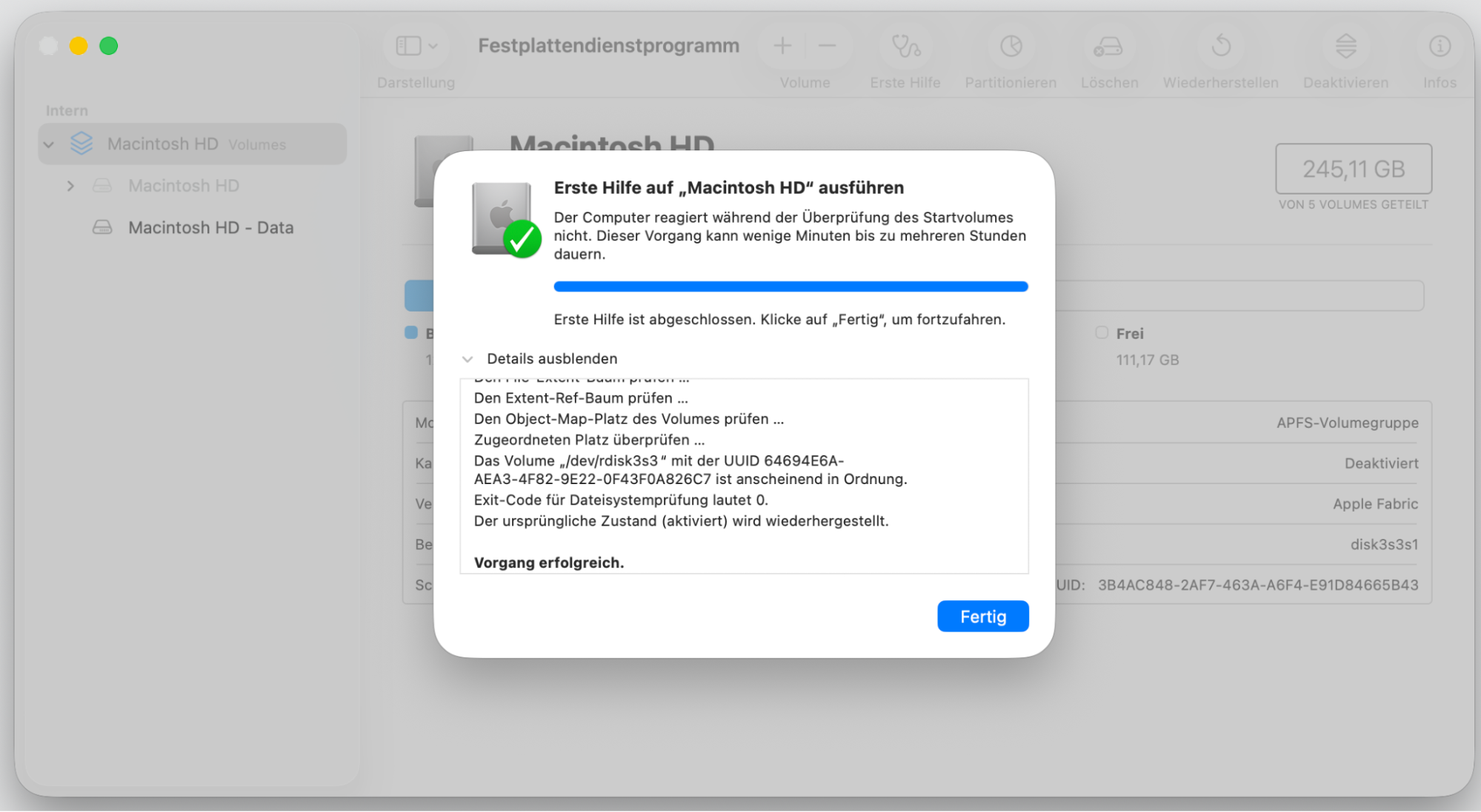 Befolgen Sie alle Anweisungen auf dem Bildschirm. Es ist normal, dass Ihr Mac während der Reparatur vorübergehend einfriert. Sobald der Vorgang abgeschlossen ist, zeigt ein Bericht an, was behoben wurde oder welche Probleme gefunden wurden.