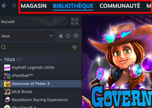 Le Magasin ainsi que la section Bibliothèque s'affichant dans l'application de Steam pour Mac. Cliquez sur une des sections pour continuer. Sélectionnez celle que vous souhaitez explorer.