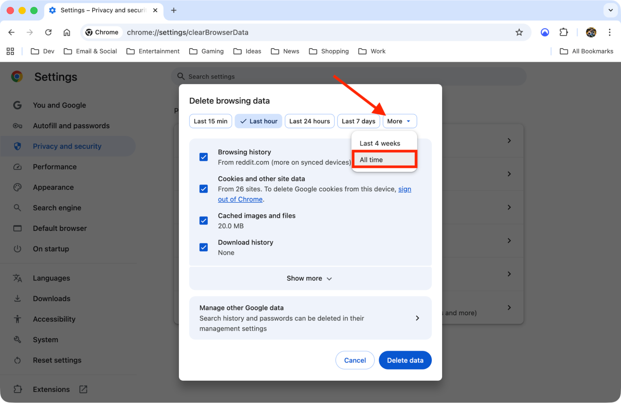 The Delete browsing data feature inside Google Chrome on Mac. Select All time then choose cached images and files before you clear the Google Drive cache on Mac.