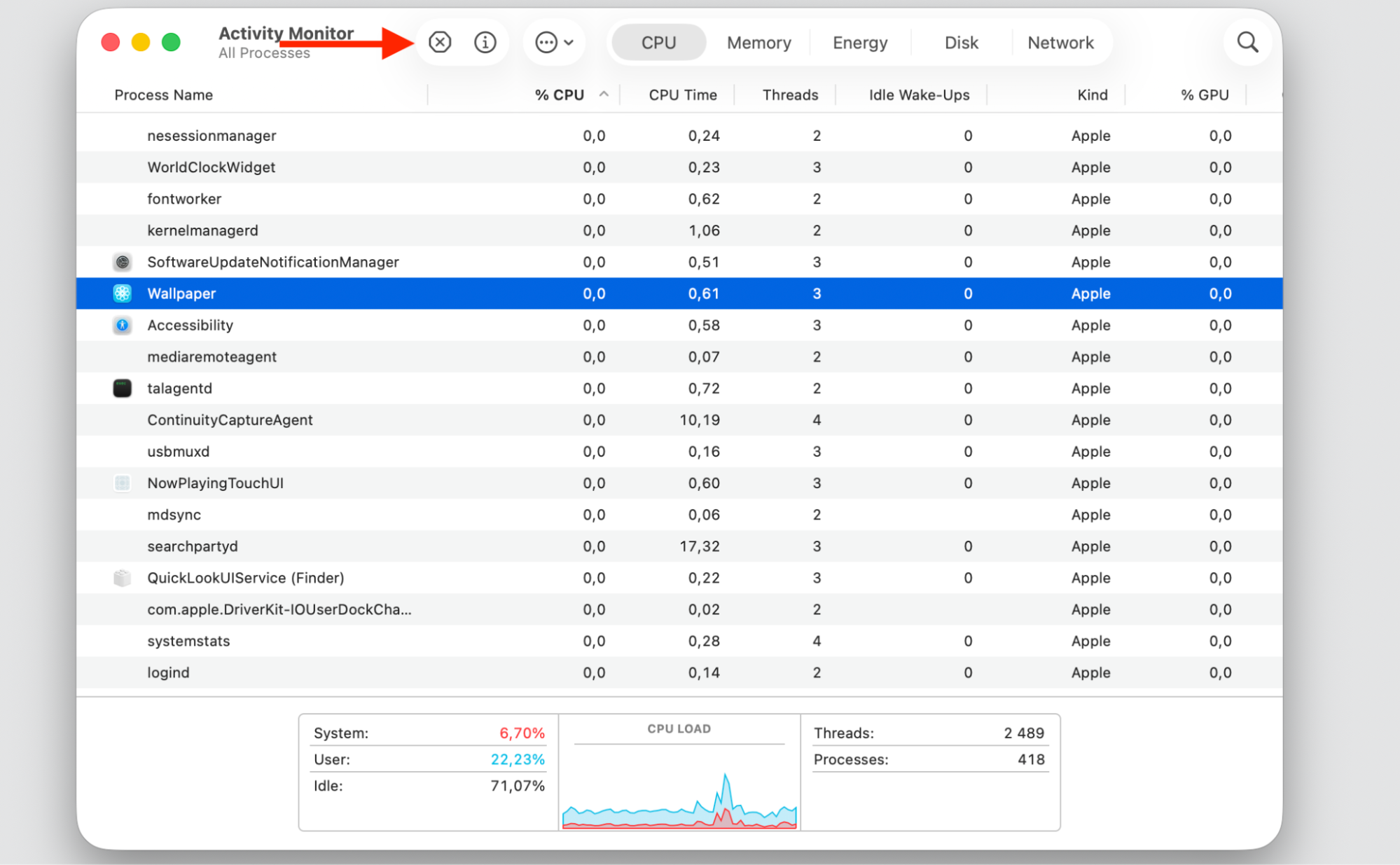 Activity Monitor on macOS with a busy app selected and the quit (x) button, stopping the trigger behind codesign high CPU on Mac.