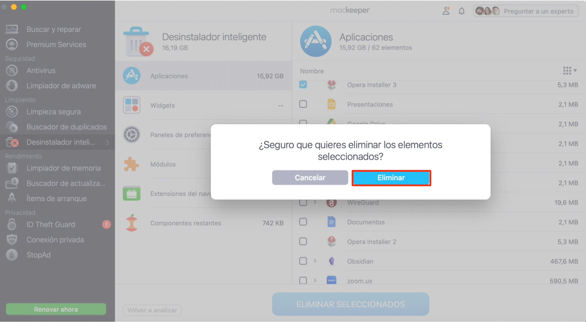 MacKeeper en Mac muestra la herramienta Desinstalador inteligente. Para continuar, haz clic en Aceptar y desinstalar. MacKeeper en Mac muestra la herramienta Desinstalador inteligente. Para continuar, haz clic en Aceptar y desinstalar.