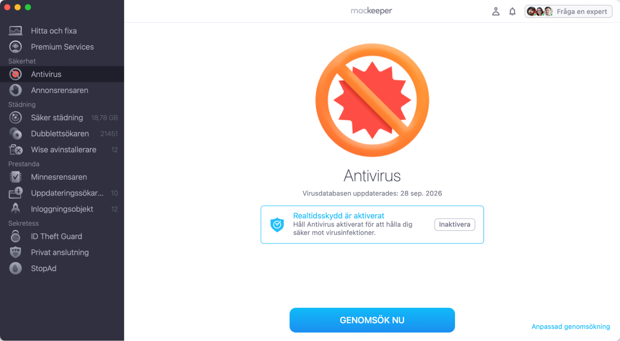 MacKeepers Antivirus erbjuder både realtidsskanning och skanning på begäran. För att starta en skanning, öppna verktyget och klicka sedan på knappen Genomsök nu.
