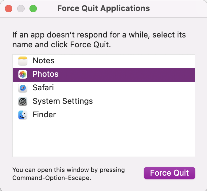 To reset all the Photo app processes, click on the Apple Icon and open the Force Quit menu. Highlight the Photos app and press Force Quit. This should fix any minor issues when you reopen the app, like new albums that might have been hidden, should now be visible.