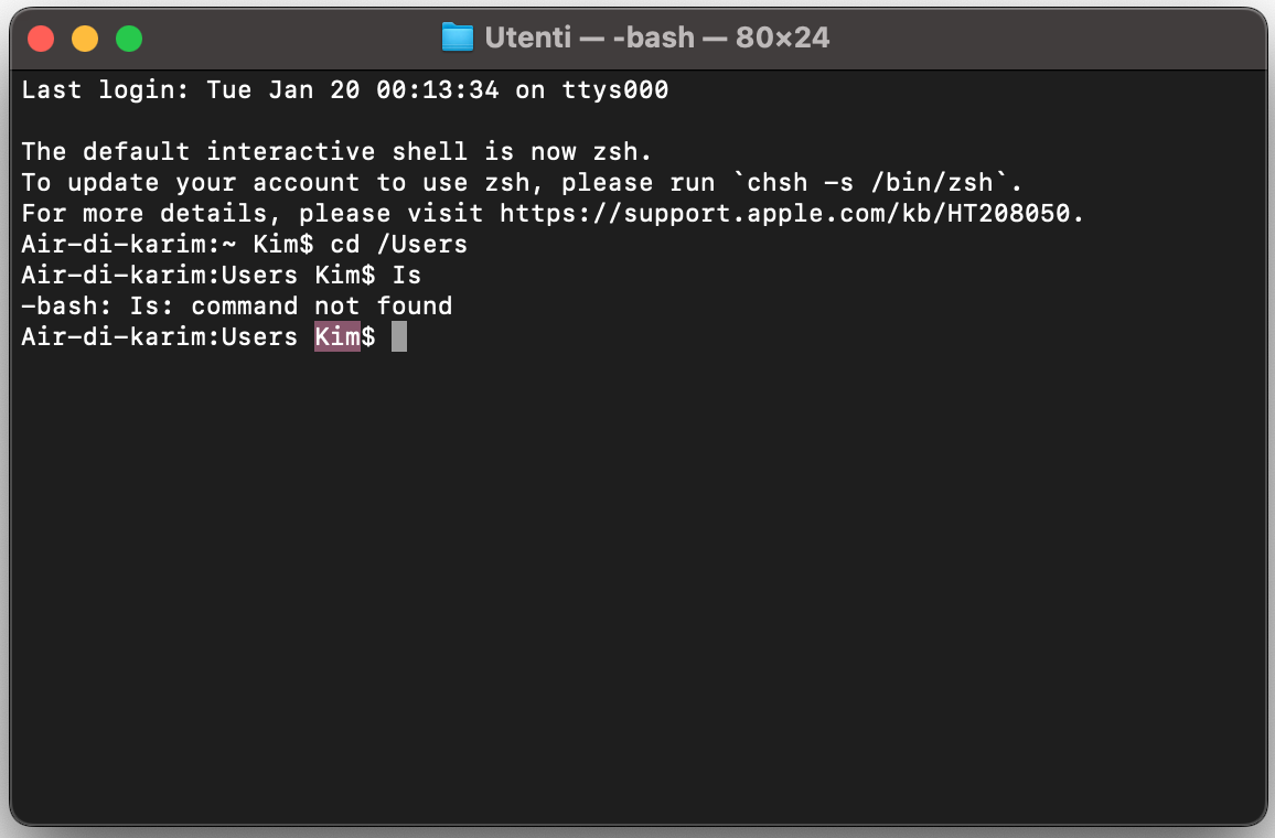 Trova il nome utente nell’ultima riga del Terminale, posizionato tra i due punti e il simbolo $.