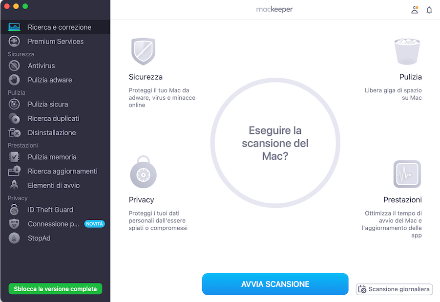 Per scoprire perché il Monitoraggio Attività del tuo Mac non funziona correttamente, usa lo strumento Trova e Correggi di MacKeeper. Clicca su Avvia scansione completa del tuo dispositivo.