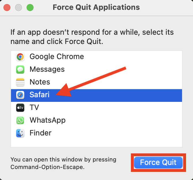 The Force Quit window showing all running apps on Mac. Here, you can select Safari and then choose Force Quit if you want to know how to force quit Safari on Mac.
