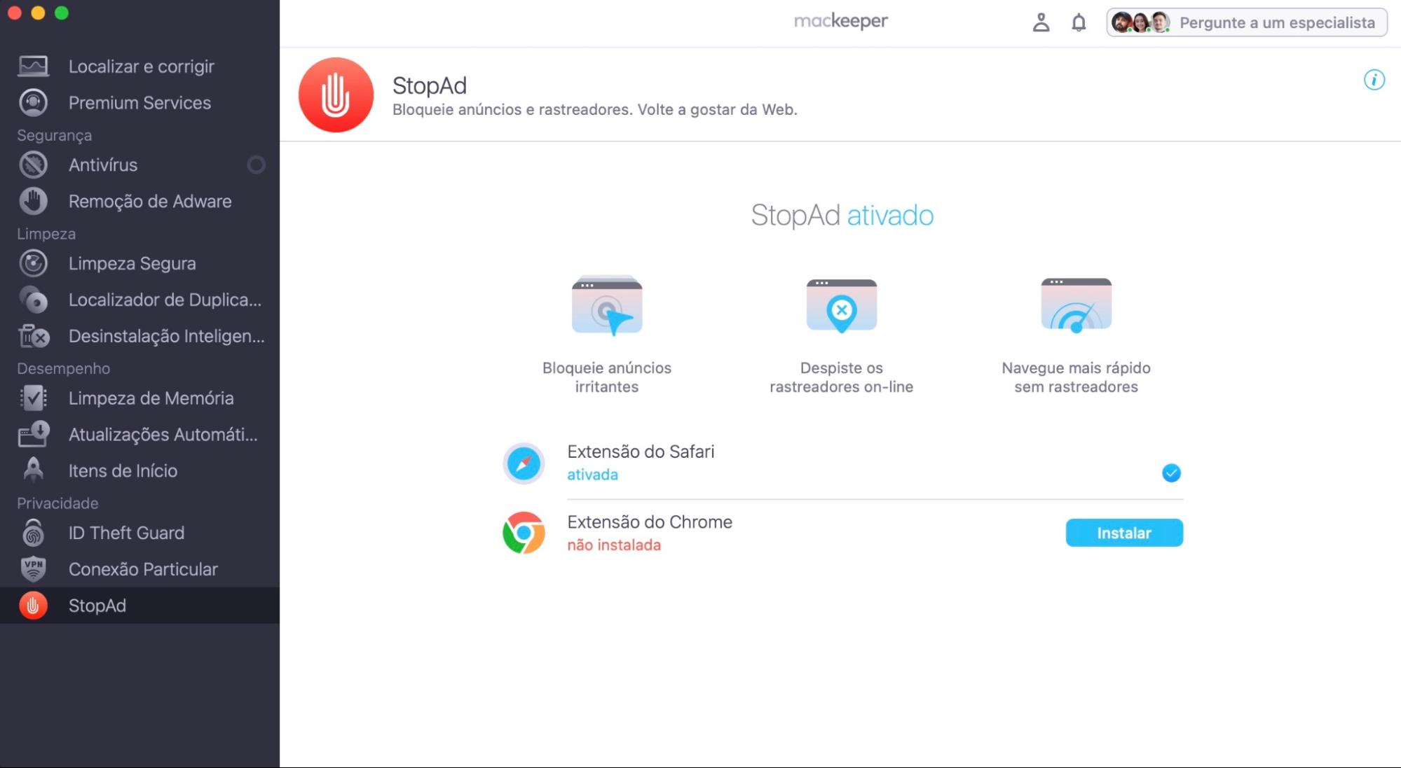 Para proteger o Safari contra vírus, bloqueie o acesso a sites maliciosos. Abra o MacKeeper e vá em StopAd, selecione Ativar ao lado de Safari.