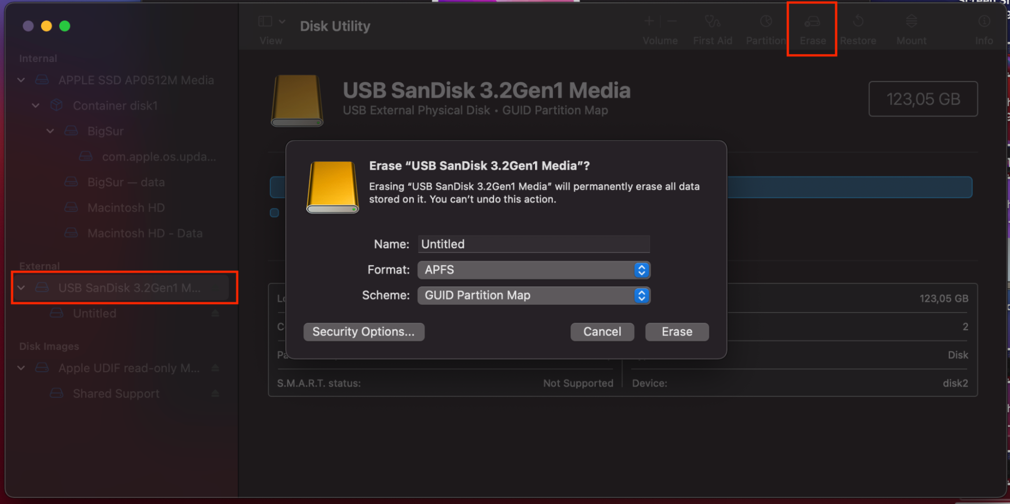 As a next step, confirm that you want to erase the chosen data and modify the settings as it's shown on the image.