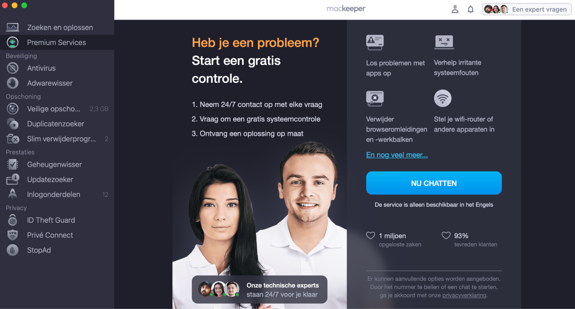 Om te leren hoe je FaceTime op je Mac herstelt, open je MacKeeper, kies je Premium-service en klik je op Nu chatten.