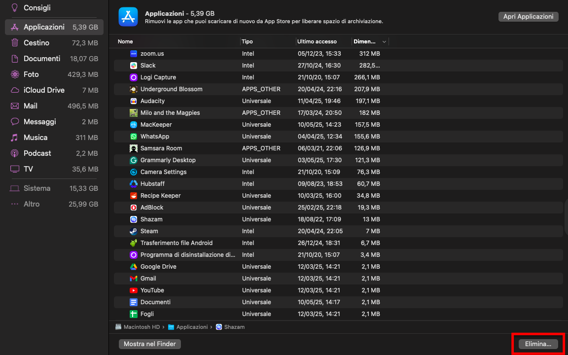 Un elenco delle applicazioni installate nel menu Archiviazione del Mac. Selezionare gli elementi non più necessari, quindi fare clic su Elimina per liberare spazio sul Mac.