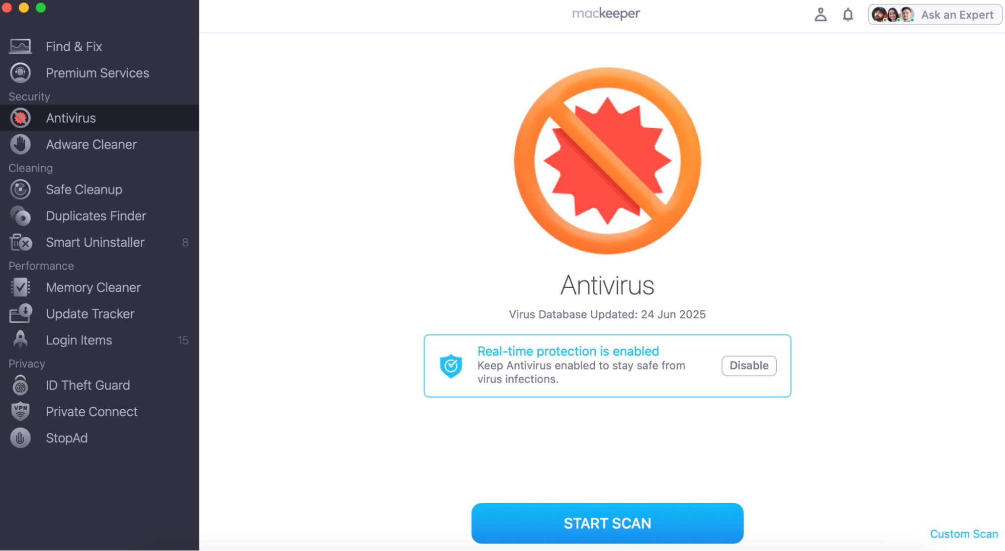 By using MacKeeper's Antivirus, you can easily identify and remove any malware and virus hazards from your Mac and avoid its random shutdowns. Click on Start Scan after choosing Antivirus in our app.