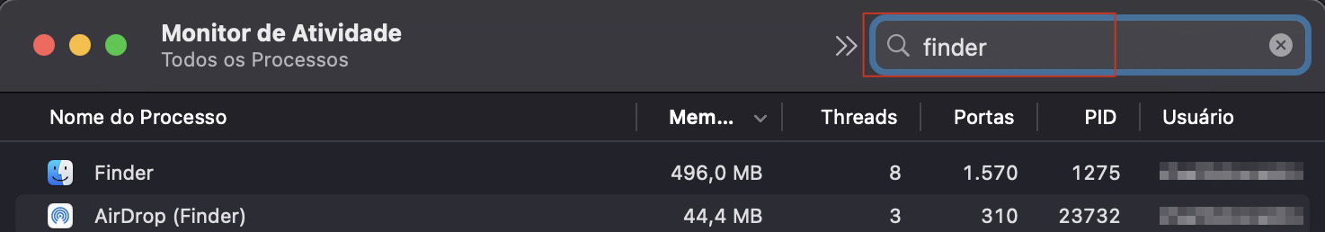 Ao abrir o Monitor de Atividade, você precisará ir até a barra de busca do aplicativo e digitar Finder. O programa deve aparecer novamente próximo ao topo dos resultados da pesquisa.