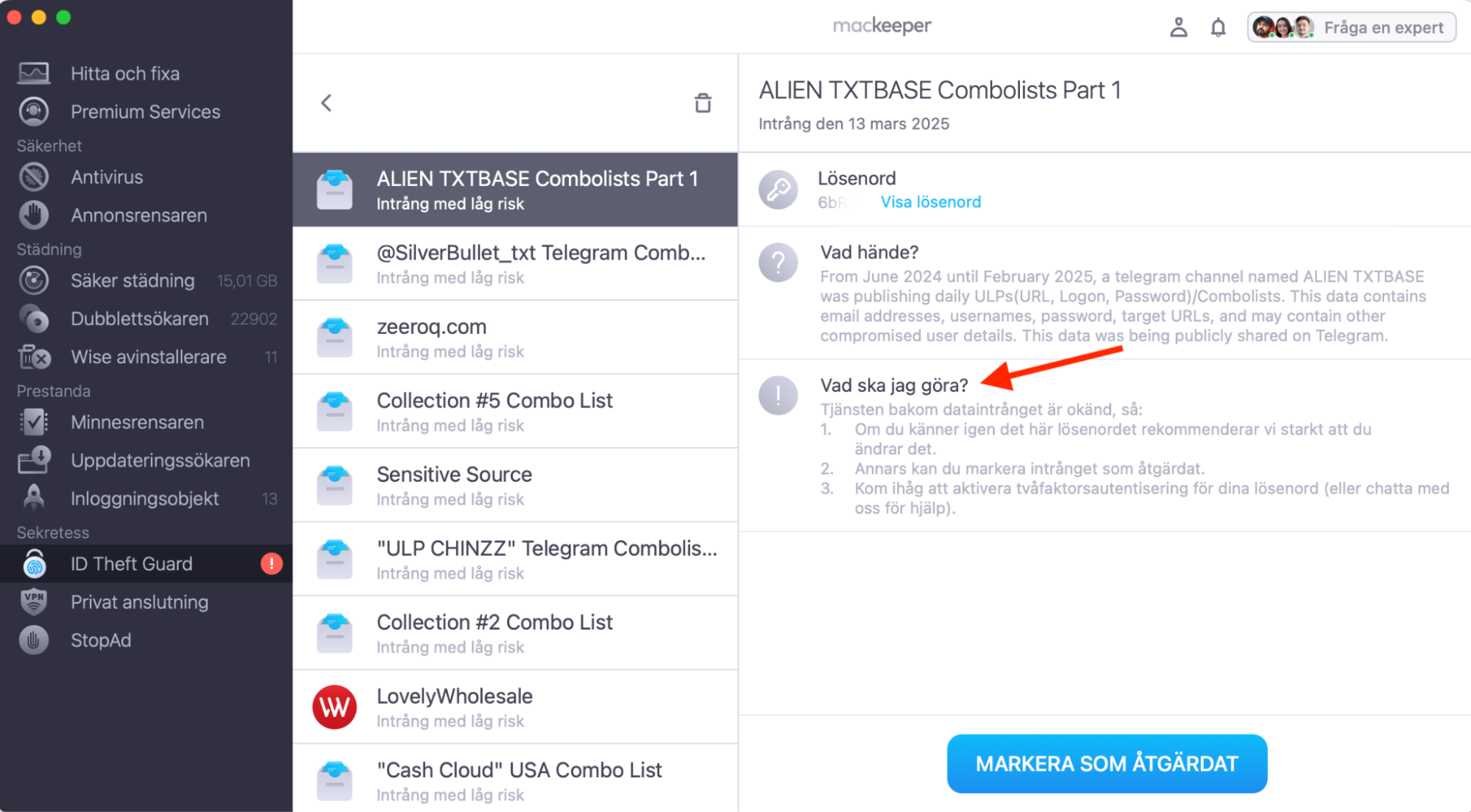 MacKeeper på Mac visar ID Theft Guard. Kontrollera alla komprometterade konton och följ stegen för att åtgärda dem.