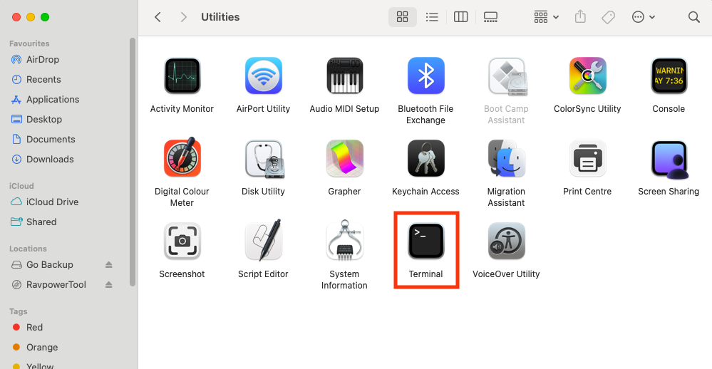 The Terminal app inside the Utilities folder in Finder on Mac. You can use a command in Terminal to see USB devices on Mac and make sure they're connected.