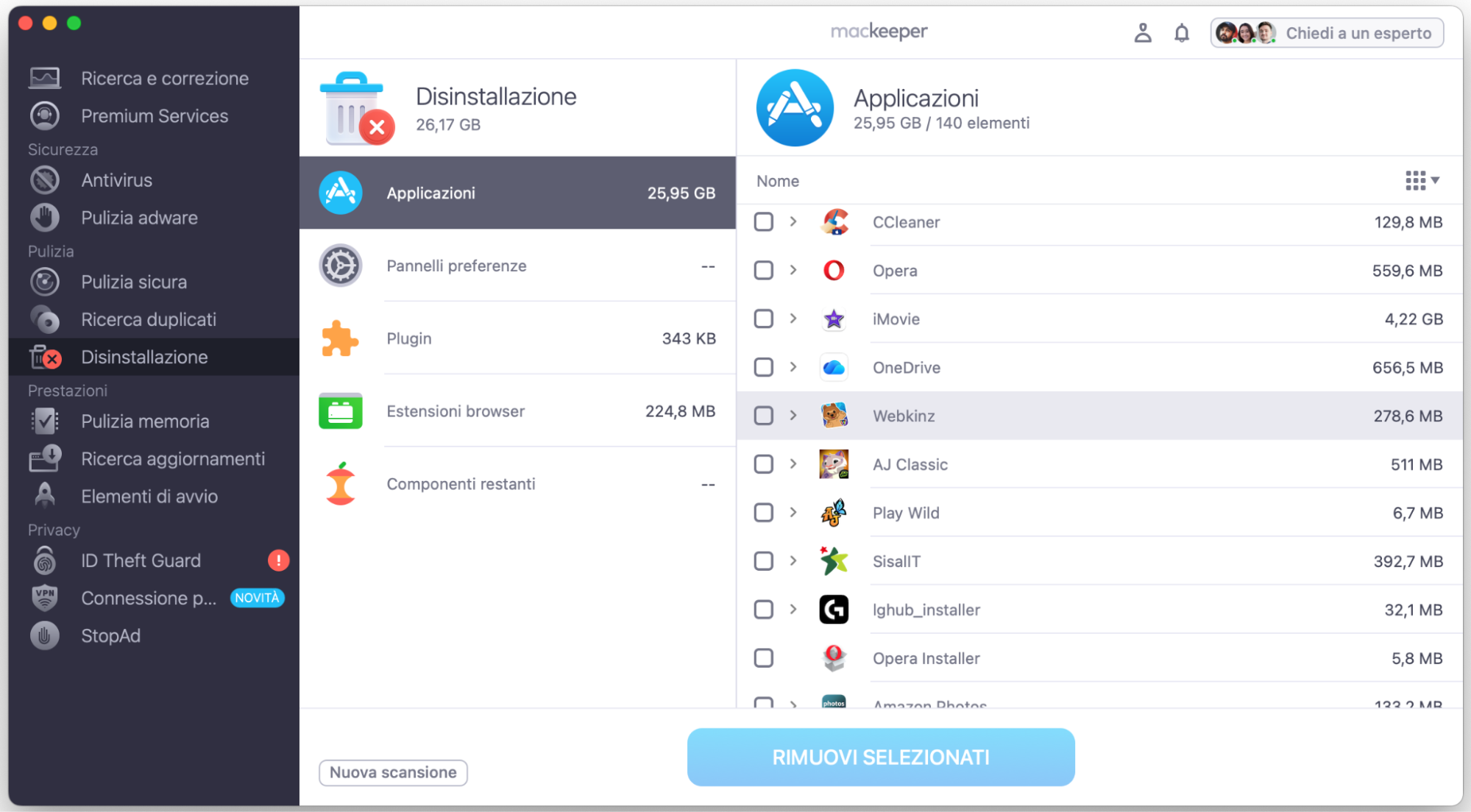 Dopo aver eseguito una scansione con MacKeeper, potrai vedere tutte le app installate sul tuo Mac. Seleziona quelle da rimuovere e clicca su Rimuovi selezionati.