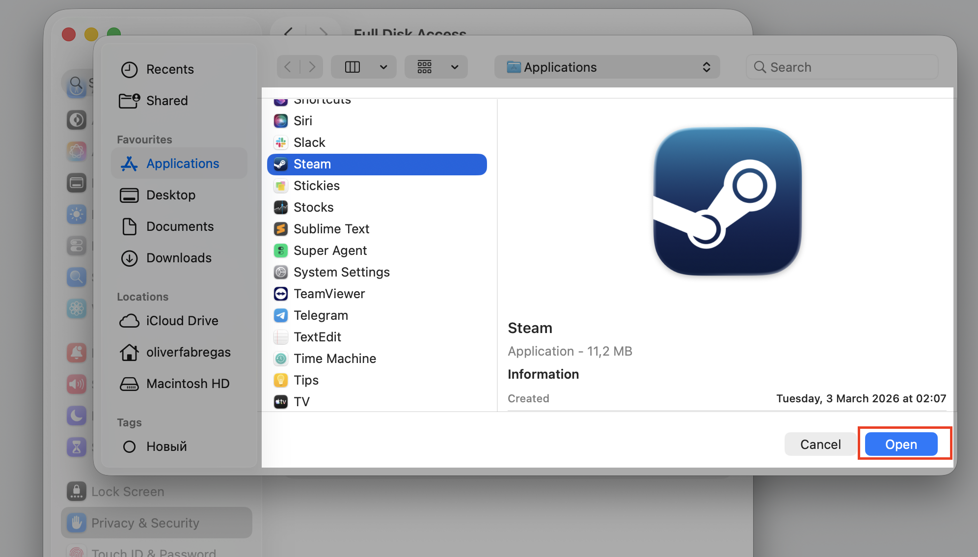 Select Steam in the Applications picker on your Mac, then click Open to grant it Full Disk Access on macOS Tahoe.