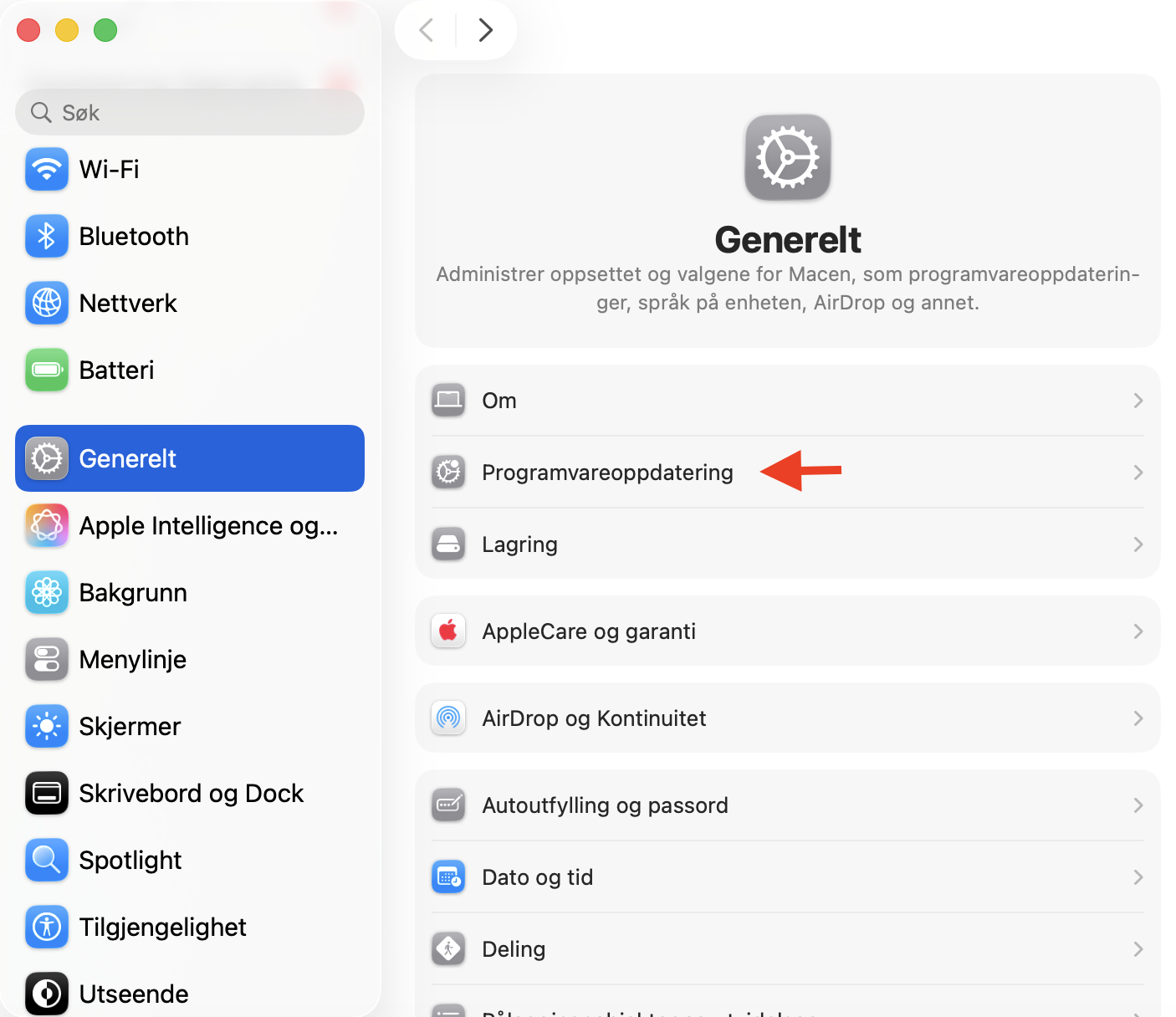 For å kunne oppdatere Macen din til nyeste versjon, må du sjekke om det finnes ventende macOS-oppdateringer. Dette gjør du ved å åpne Systeminnstillinger og gå til Generelt. Der finner du fanen Programvareoppdatering.