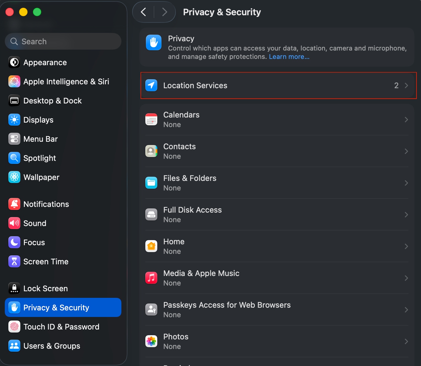Mac’s Privacy & Security settings appear on the desktop. Click Privacy & Security and select Location Services to fix Mac widgets not working.