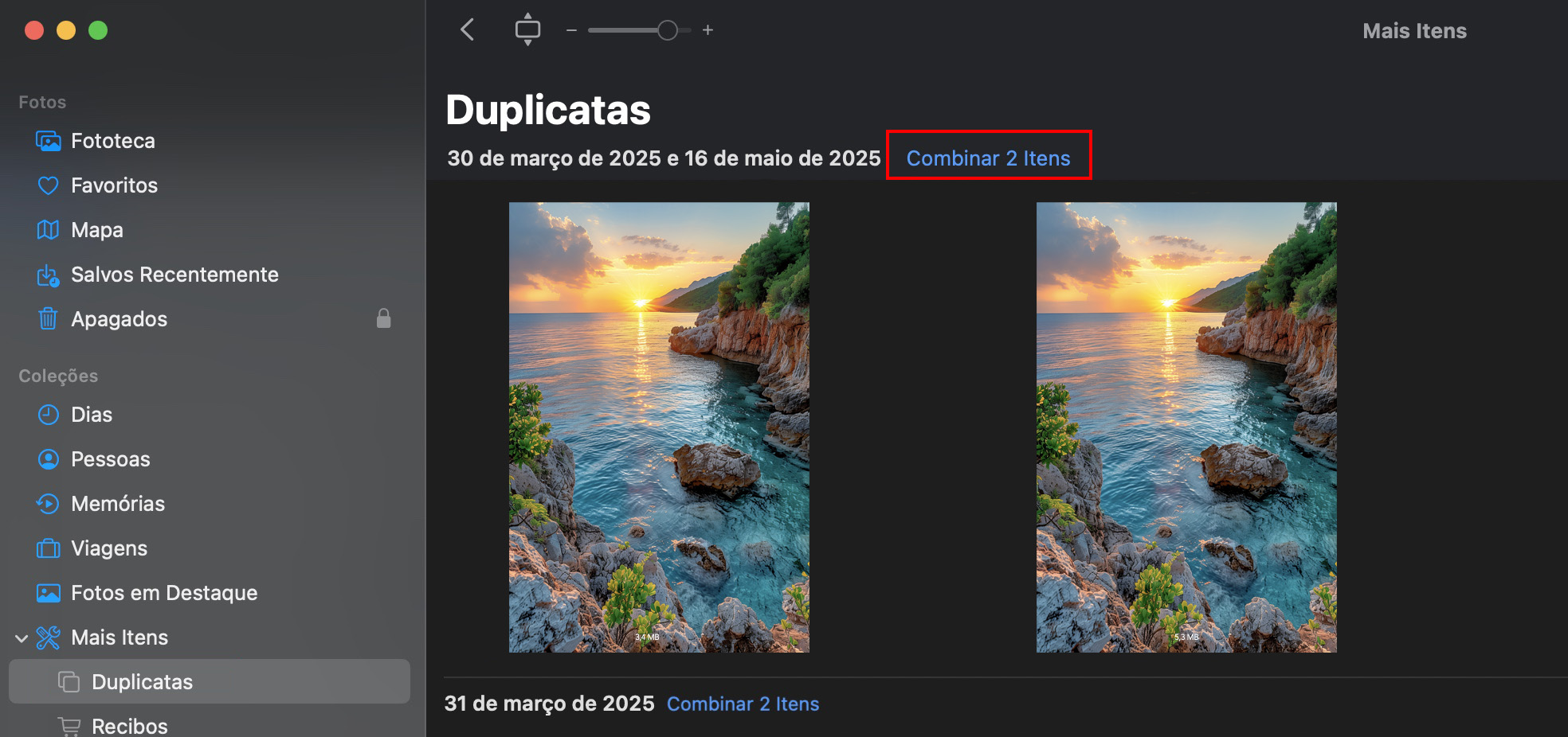 Selecione as fotos, e o app Fotos pode juntá-las em uma só. Basta clicar no botão Combinar para continuar.
