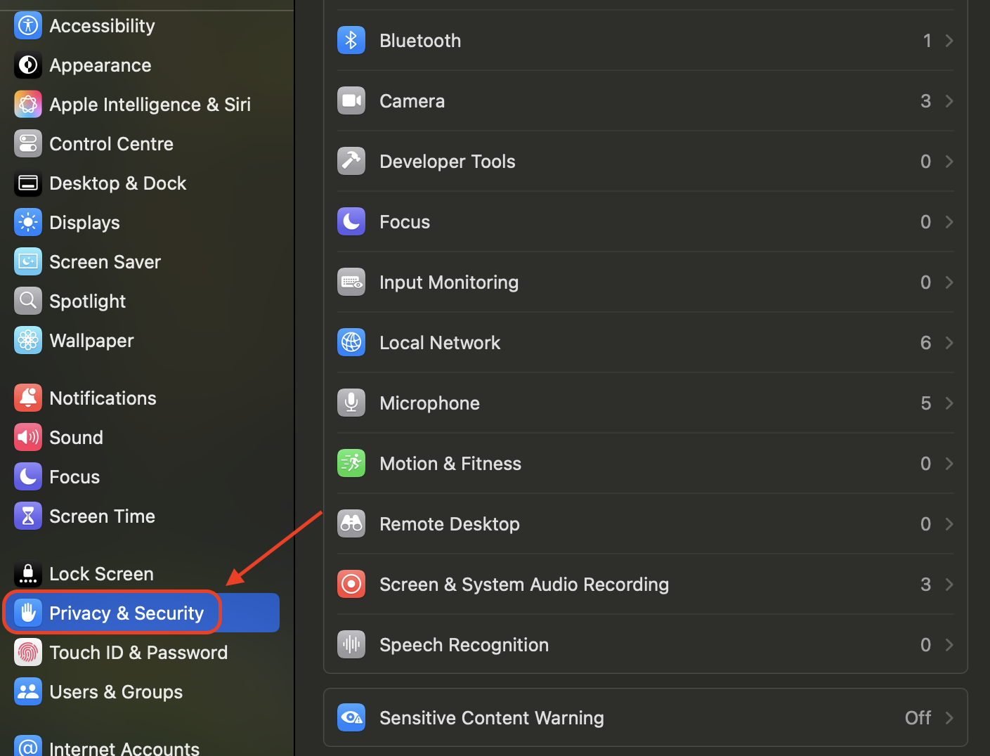 Open System Settings from the Apple menu, select Privacy & Security in the sidebar to manage permissions, security options, and privacy-related settings.