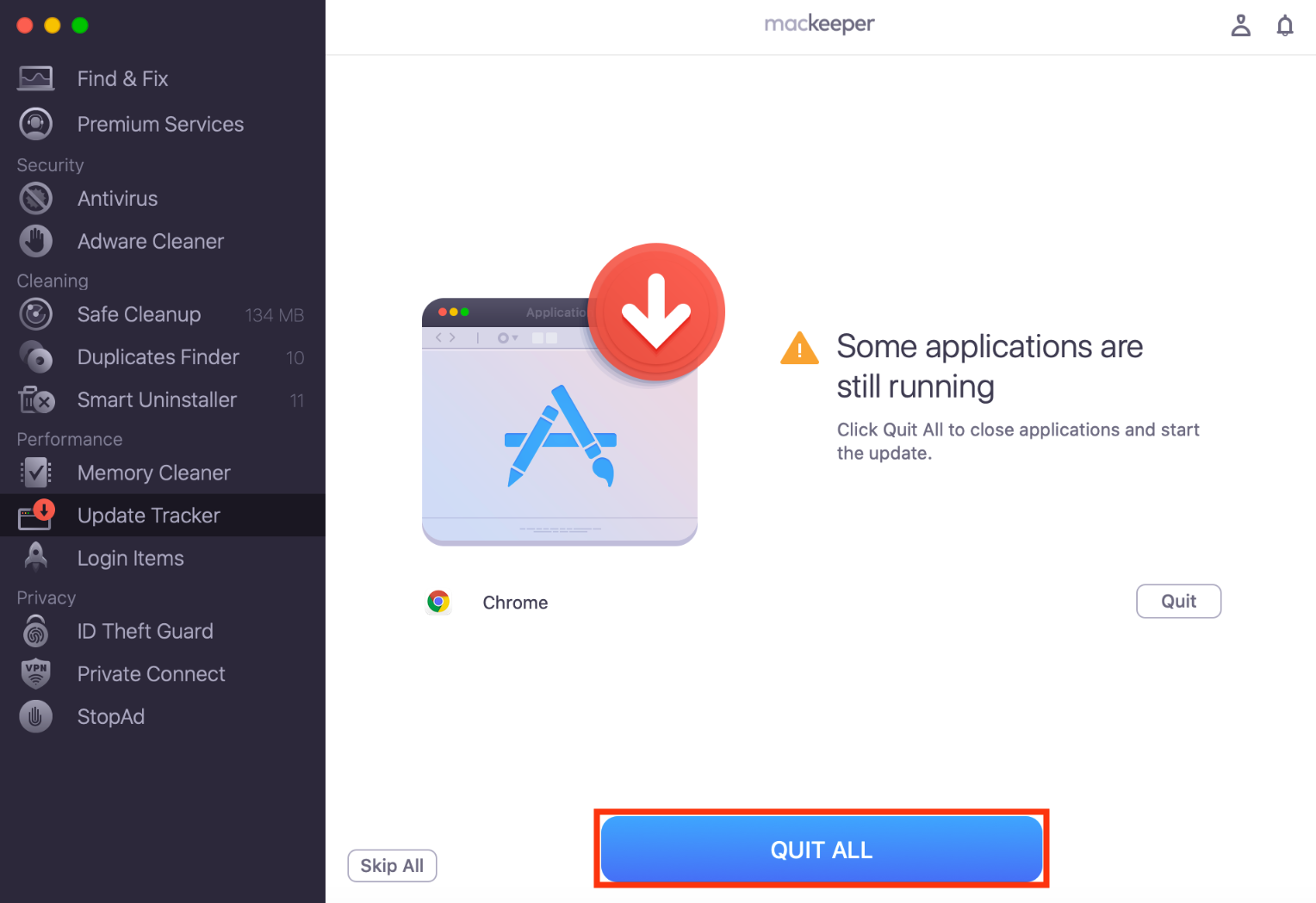 MacKeeper's Update Tracker on Mac. If you're prompted to close running apps when using MacKeeper's Update Tracker to update Excel on Mac, click the Quit All button when prompted.