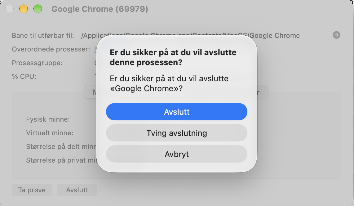 Klikk Avslutt i et popup-vindu for å bekrefte fjerning av prosessen.