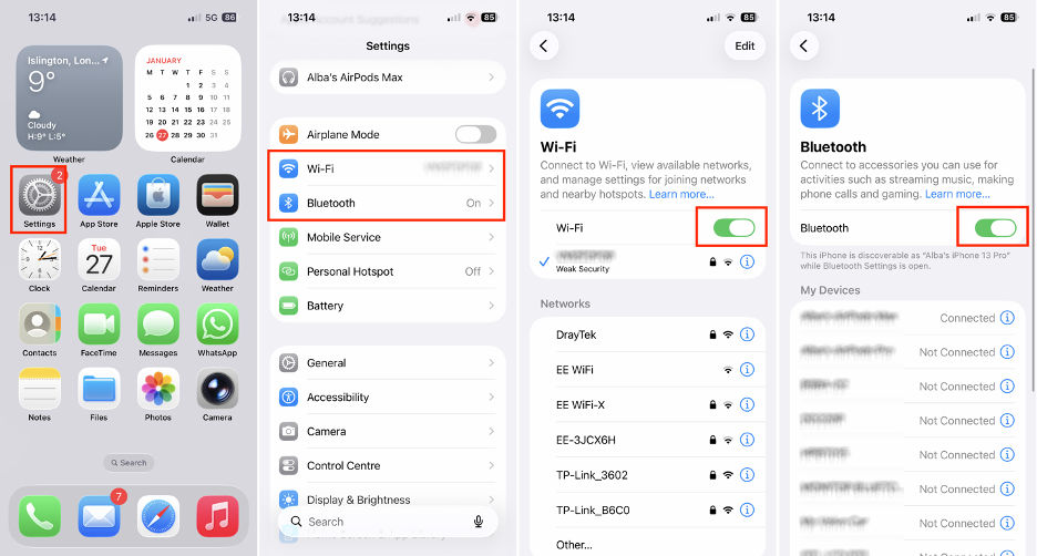 To check Wi-Fi and Bluetooth connections on your iPhone and ensure a smooth Continuity Camera experience, go to Settings, select Wi-Fi/Bluetooth, and make sure the toggle is on.