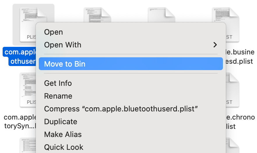 To solve Bluetooth issues due to corrupted preference files on macOS Sequoia, right click on all Bluetooth PLIST files and choose Move to Trash from the dropdown menu.