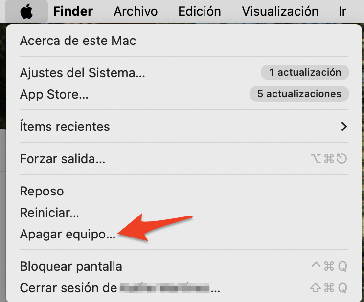 El menú Apple en macOS Monterey muestra la opción para apagar tu Mac. Haz clic en Apagar para apagar tu equipo.