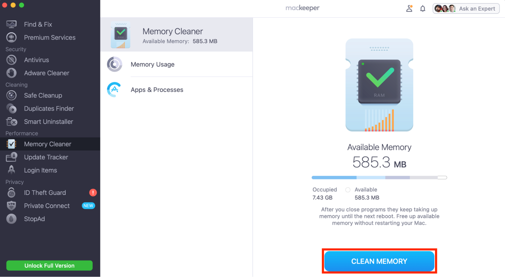 MacKeeper's Memory Cleaner utility on Mac. Run Memory Cleaner to remove unnecessary data from system RAM when the cloudd process is eating up CPU power and slowing you down.