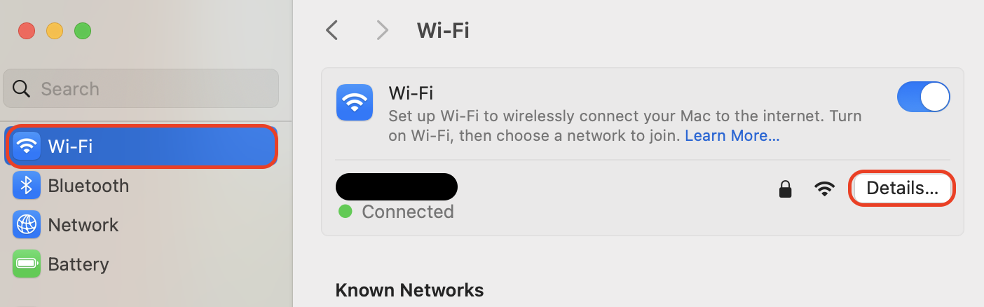 Open System Settings, click Network in the sidebar, select Wi-Fi, then click Details next to your active network to view its configuration options.
