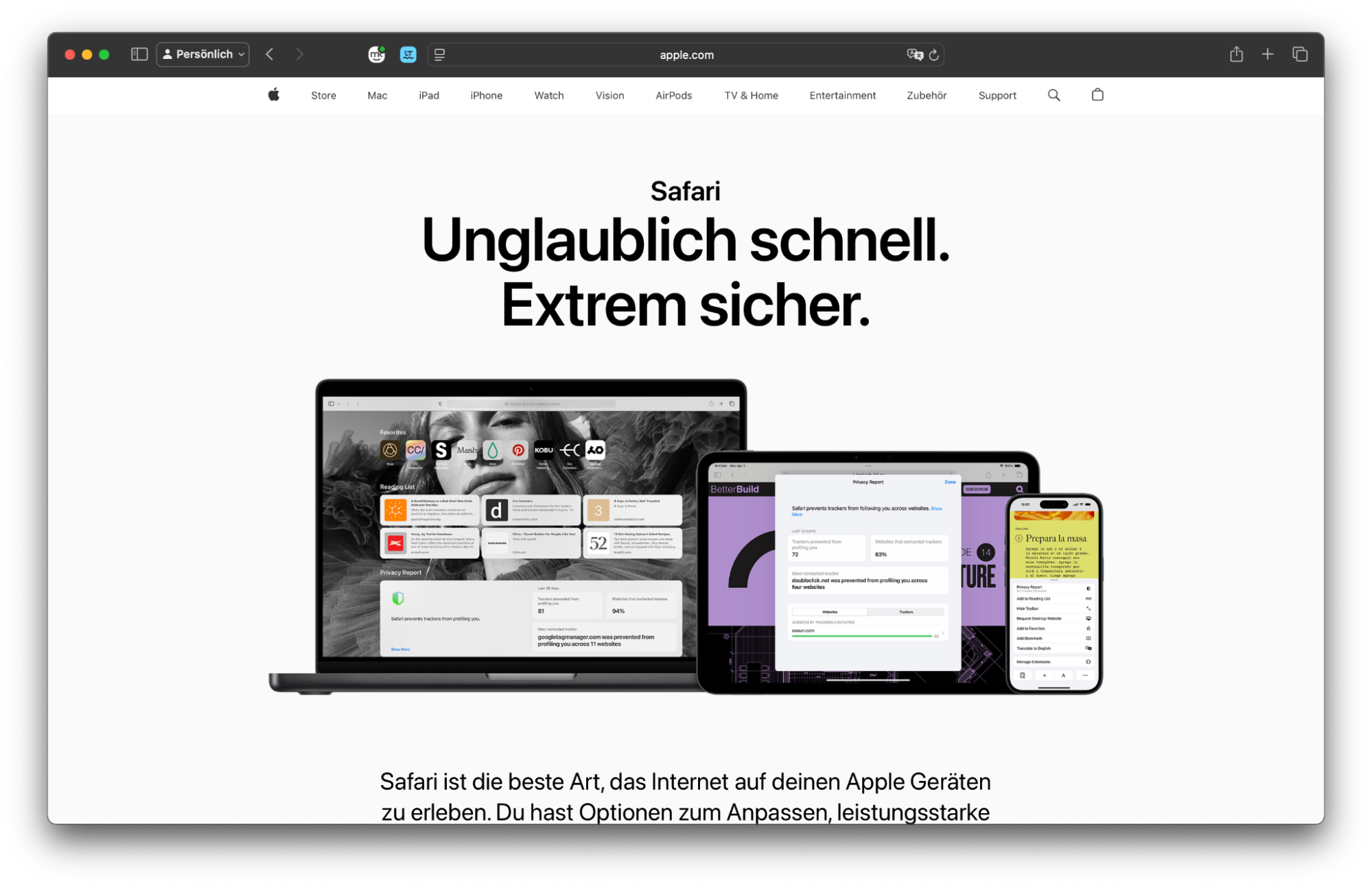 Die erste Option für Apple-Nutzer ist Safari. Dieser Browser ist vor allem für seine nahtlose Integration in die macOS-Software und das Apple-Ökosystem bekannt. Safari verfügt über eine benutzerfreundliche Oberfläche und schützt Sie online vor bösartigen Bedrohungen, indem er Ihre Daten sicher hält und Sie von nicht vertrauenswürdigen Webseiten fernhält.