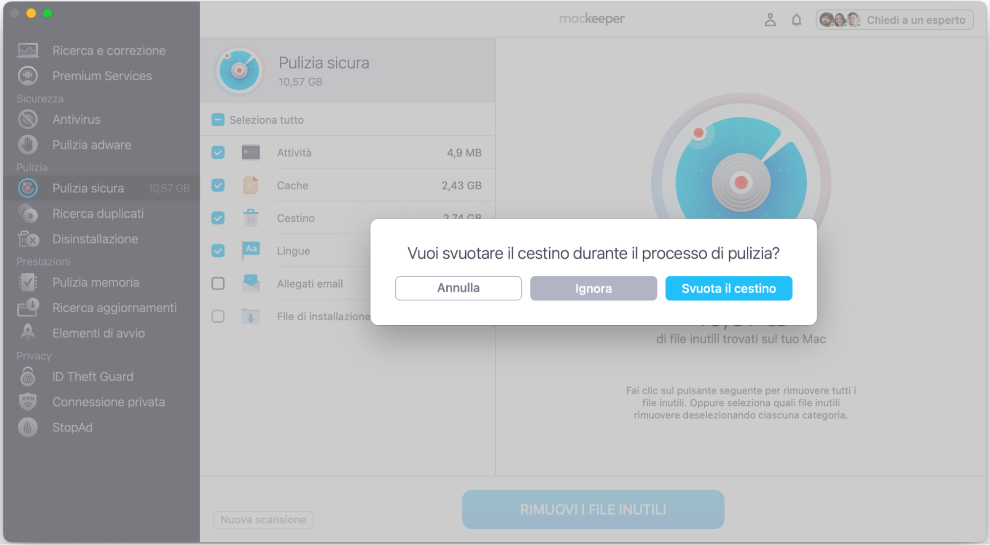 Fai clic su Rimuovi per svuotare il Cestino ed eliminare i file di installazione durante il processo di pulizia.