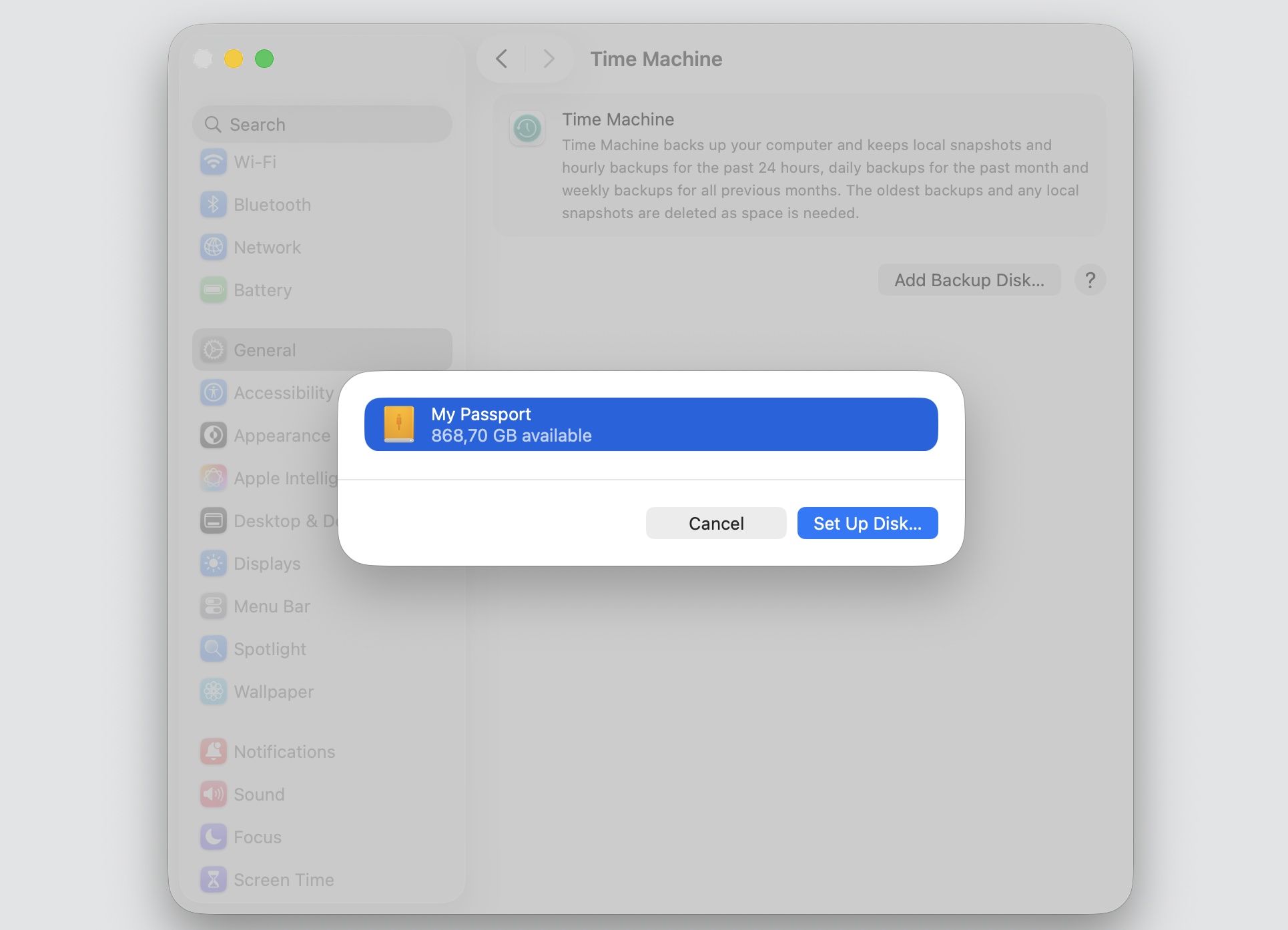Time Machine Set Up Disk dialog on macOS Ventura showing the My Passport drive, with the blue Set Up Disk button selected.