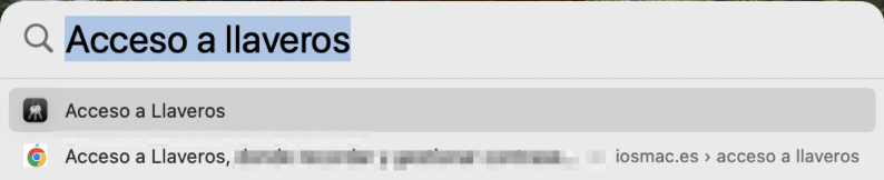 Búsqueda Spotlight en un Mac, con la App de Acceso a llaveros. Cómo arreglar el acceso quiere usar el llavero de inicio de sesión.