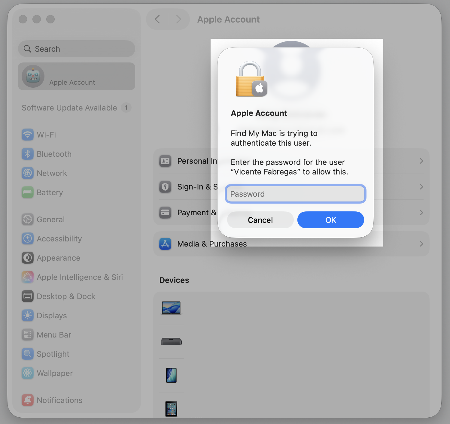 macOS confirmation dialog on an Apple computer requesting the user password to complete signing out of the Apple ID account.