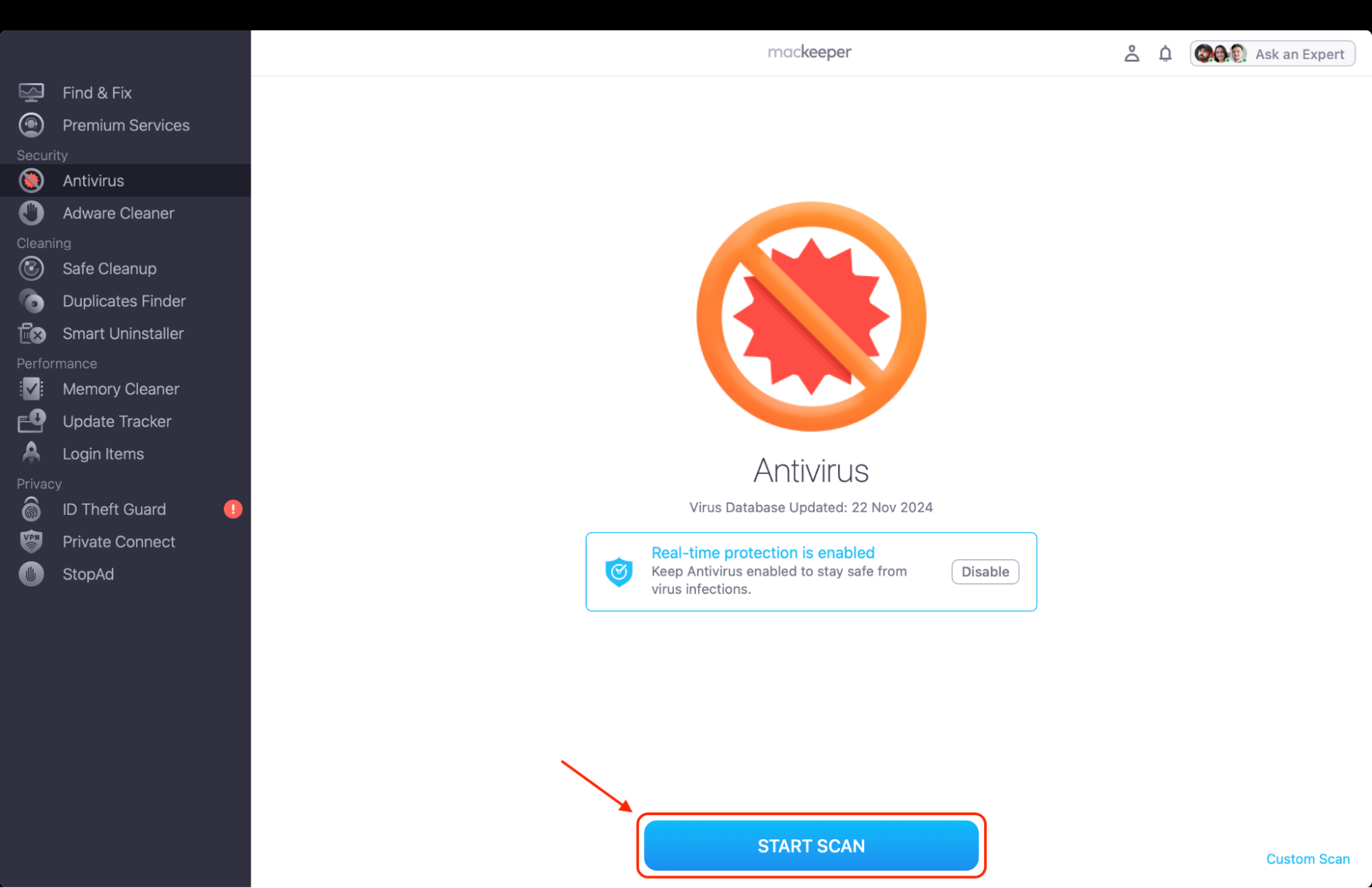 Click Start Scan inside MacKeeper's Antivirus and wait while the app checks your drive, then review whatever the scan reports.
