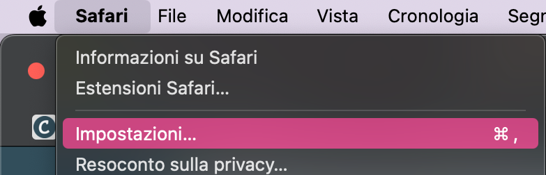 Il menu Safari su Mac. Clicca Impostazioni per aprire le Impostazioni di Safari e sbarazzarti delle estensioni indesiderate.
