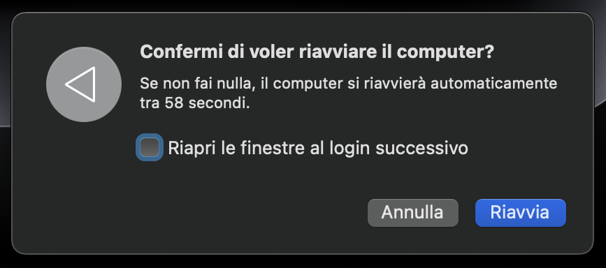 Prima di riavviare macOS, ti verrà chiesto di confermare se desideri riaprire Windows al successivo accesso. Fai la tua scelta e clicca su Riavvia.