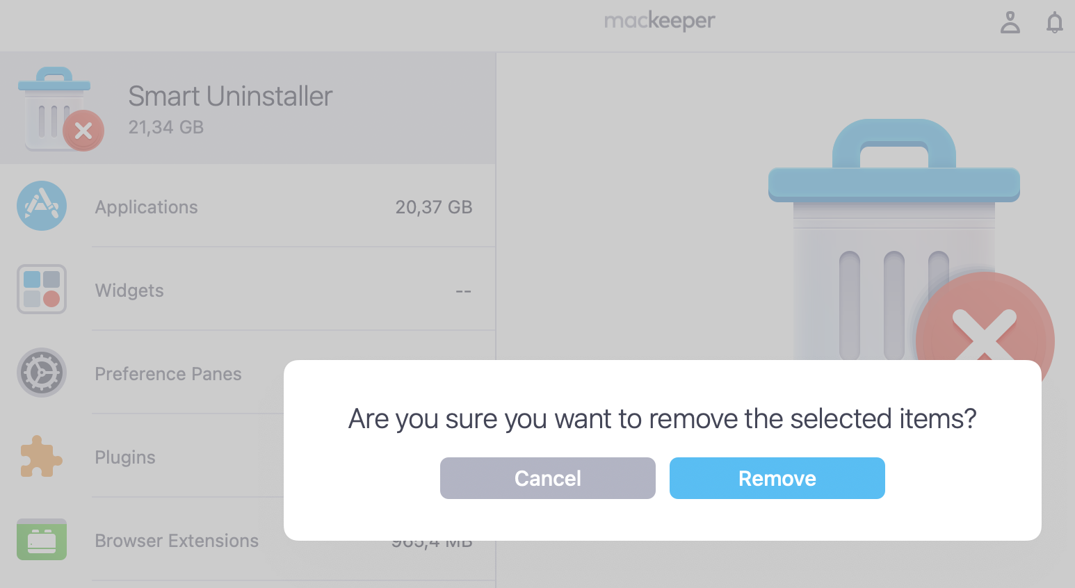Confirm your decision by clicking Remove in a drop-down window. Wait while MacKeeper deletes old apps.