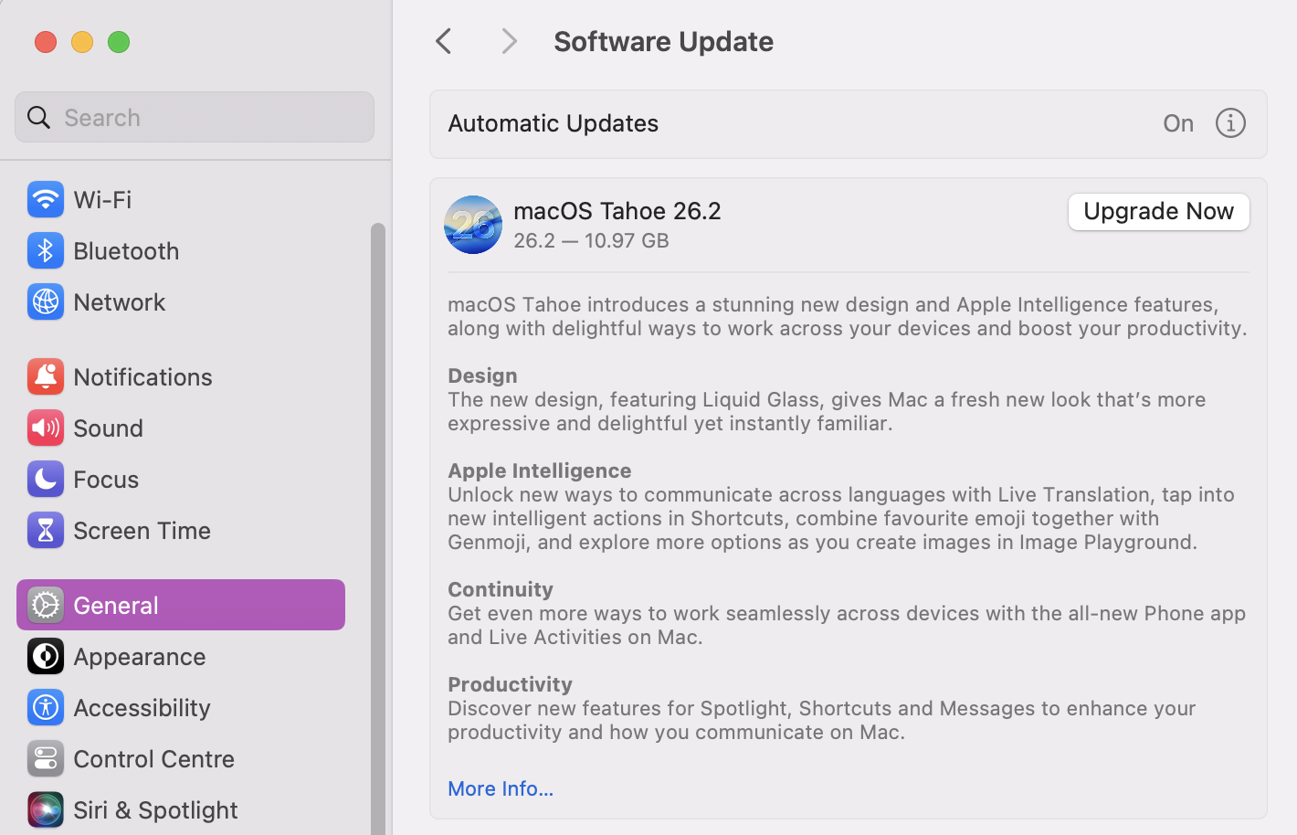 To check for macOS updates, in System Settings, go to General > Software Update. After a few seconds, if there is an available update, you’ll see an Upgrade Now button. Press it and follow the on-screen instructions.