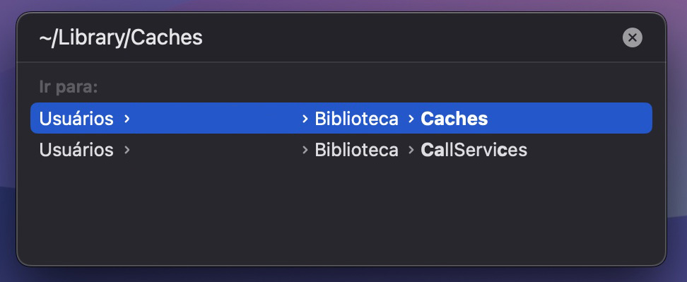 Na caixa de busca, insira o caminho ~/Library/Caches e clique em Ir. Isso ajudará você a localizar os arquivos de cache do Safari com um pouco mais de facilidade.