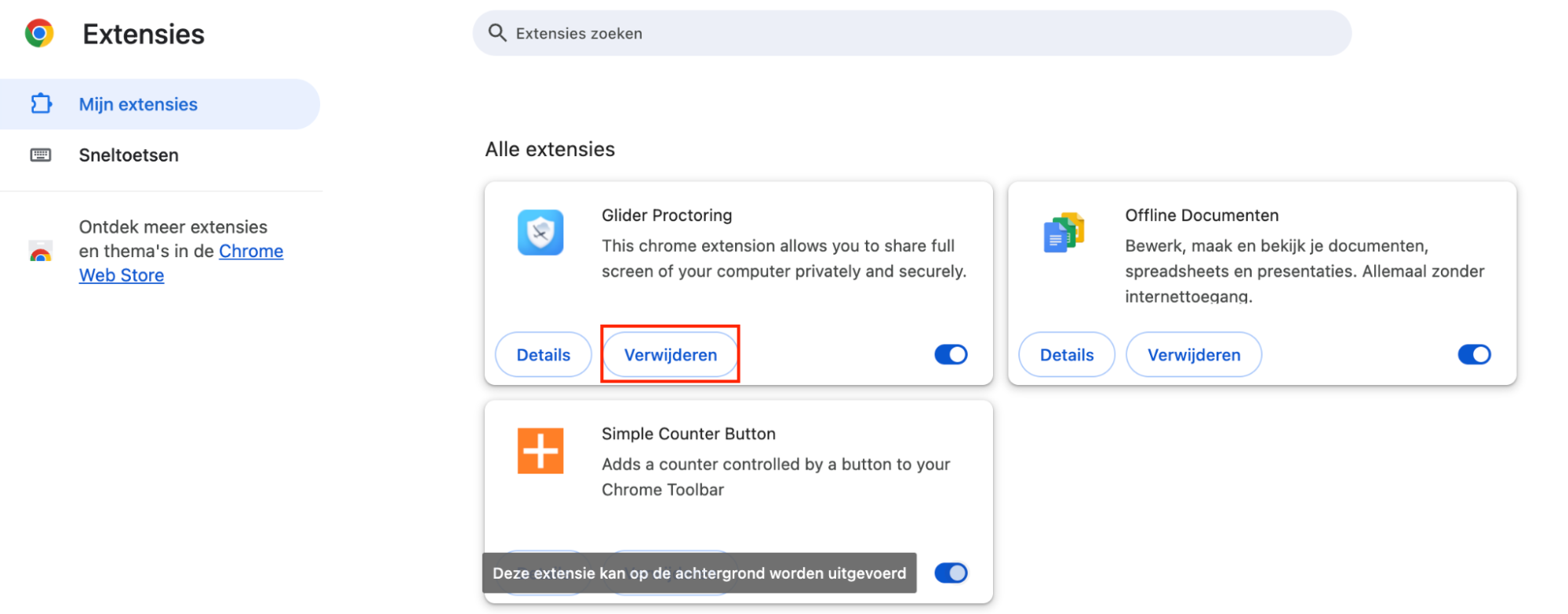 Om een extensie uit Chrome te verwijderen, zoek je deze in de lijst op en klik je op de knop ‘Verwijderen’. Bevestig de verwijdering en de extensie is weg.