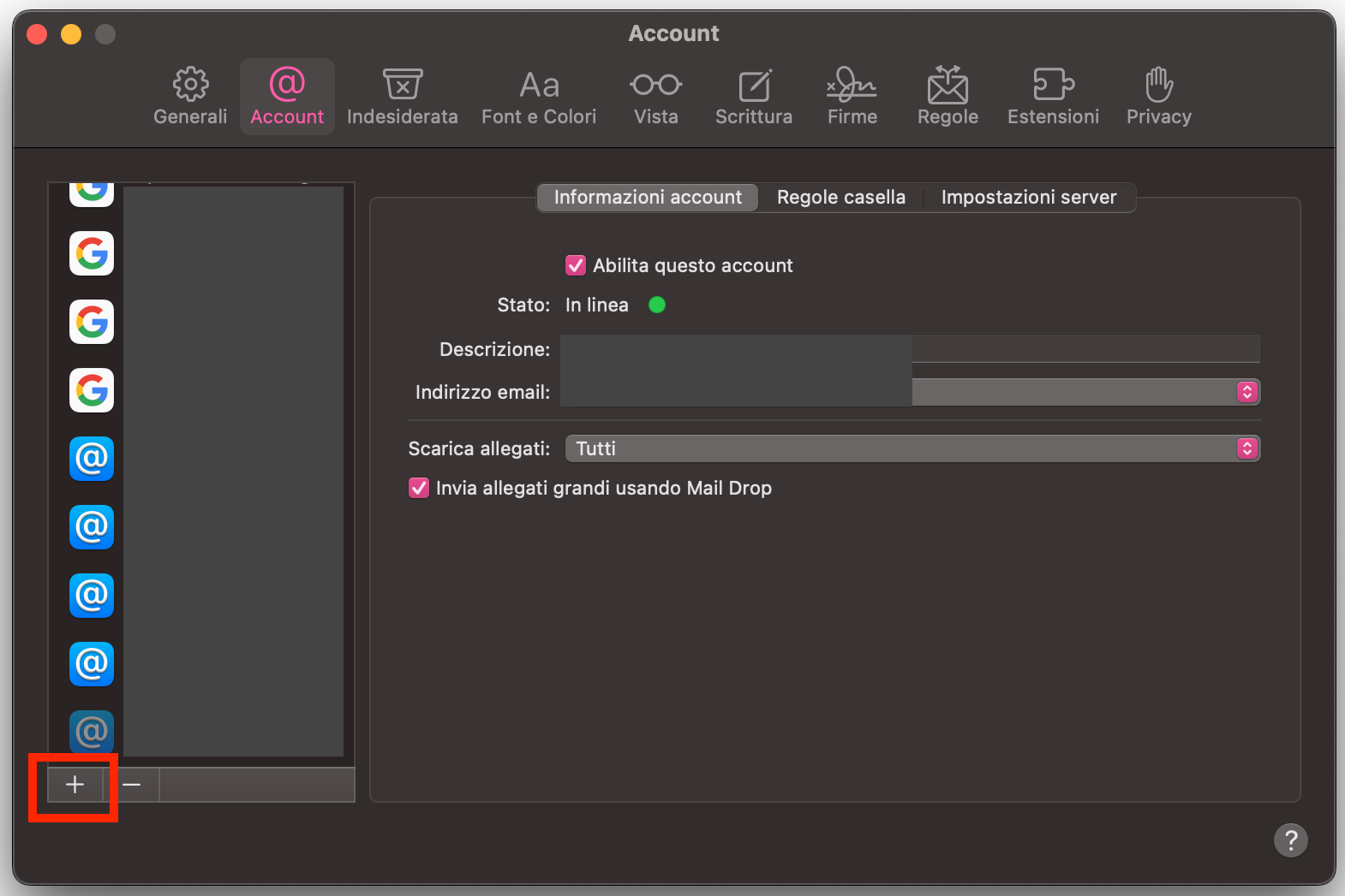 Per aggiungere manualmente un nuovo account, apri l’app Mail, seleziona Mail > Impostazioni > Account > pulsante +.