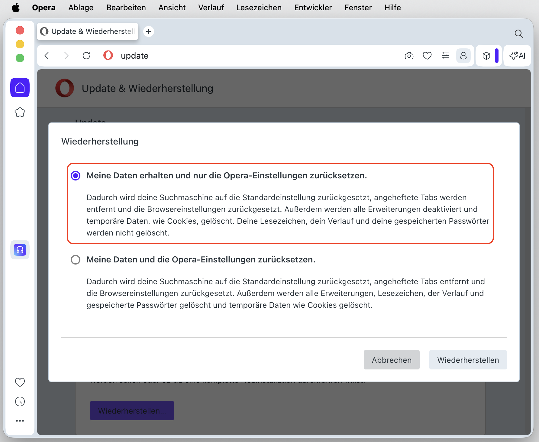 Ein Dialogfeld in Opera auf dem Mac mit zwei Optionen zum Zurücksetzen von Opera. So setzen Sie Opera zurück, als Teil einer Anleitung, wie man gefälschte McAfee-Pop-ups auf dem Mac blockieren kann.