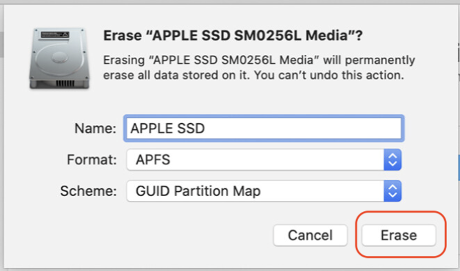Disk Utility is opened on a Mac. Choose either Mac OS Extended (Journaled) or APFS and click Erase to perform a macOS Catalina factory reset.