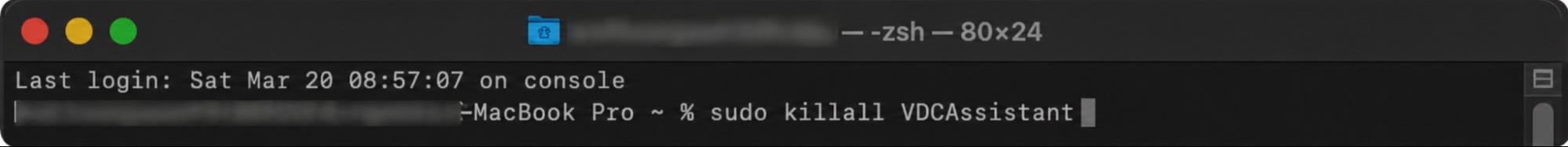 Inicie a câmera pelo Terminal para resolver os problemas de câmera do Mac. Digite o comando sudo killall VDCAssistant e pressione Enter. Este comando força o encerramento de todos os aplicativos que usam a câmera e a reinicia.