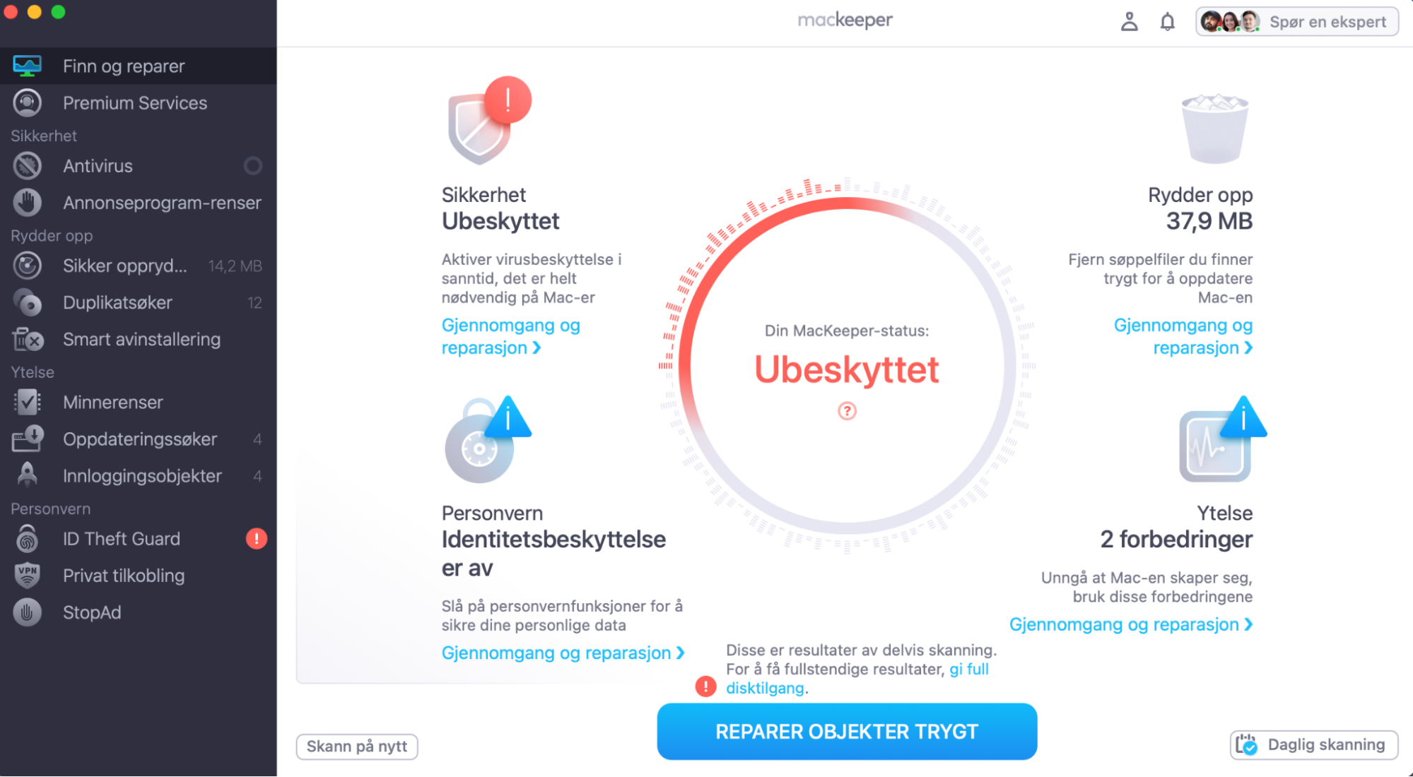 Resultatene av skanningen vår av Apple-datamaskinen med hjelp av MacKeepers app, nærmere bestemt rengjøringsverktøyet. Fjern de funnet søppelfilene trygt med en gang.