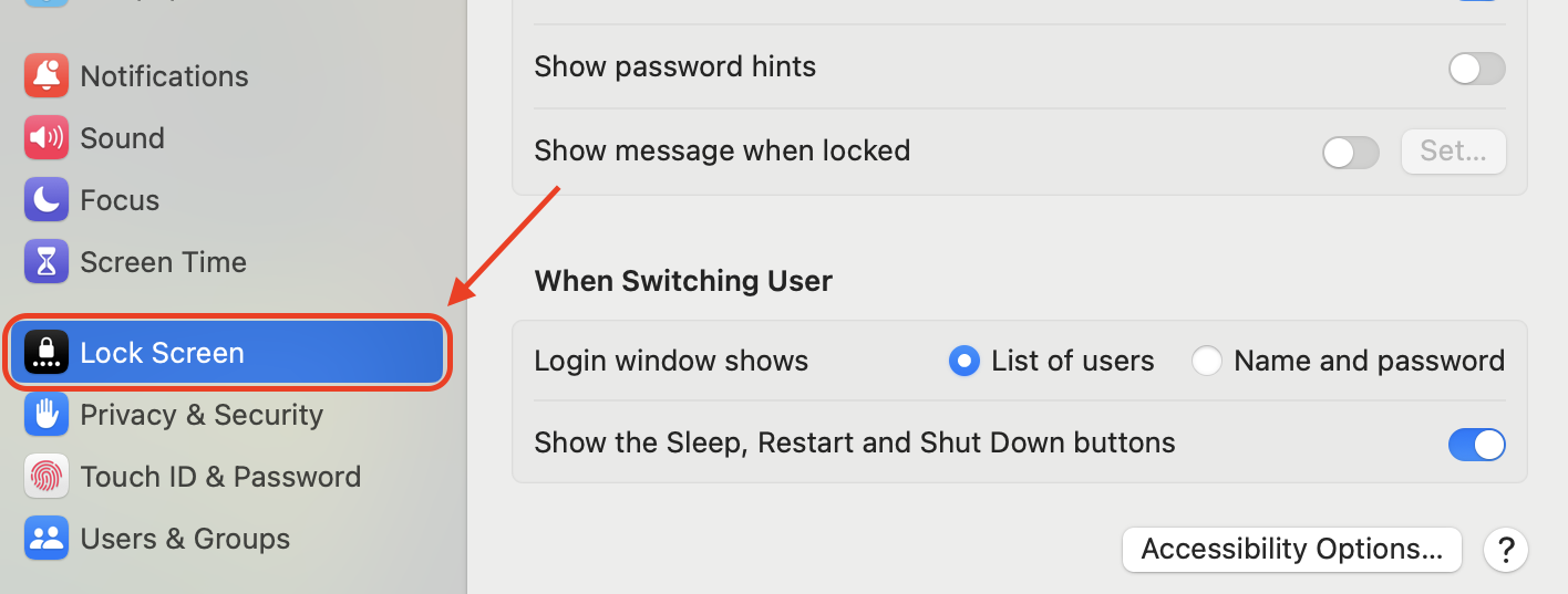 In System Settings, scroll through the sidebar and select Lock Screen to manage sleep and display timeout preferences on your Mac.