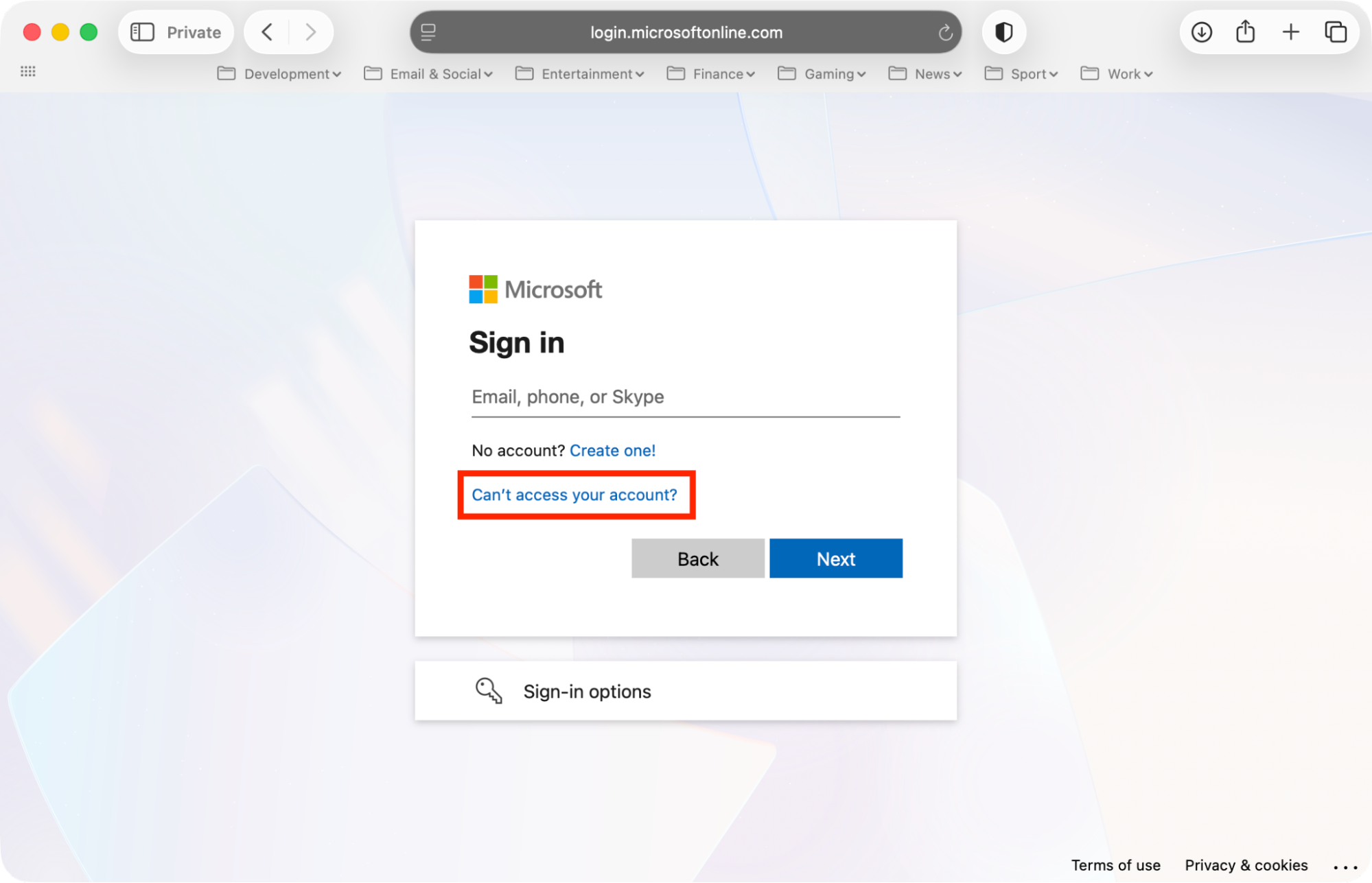 The Outlook.com sign in screen in Safari on Mac. Try signing into Outlook using your Exchange account when you see the Exchange password required error on Mac.